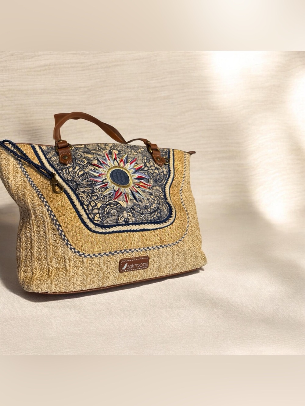 Sakroots Straw Tote Bag Sunflower Embroidered Boho Coastal Purse - Picture 3 of 13